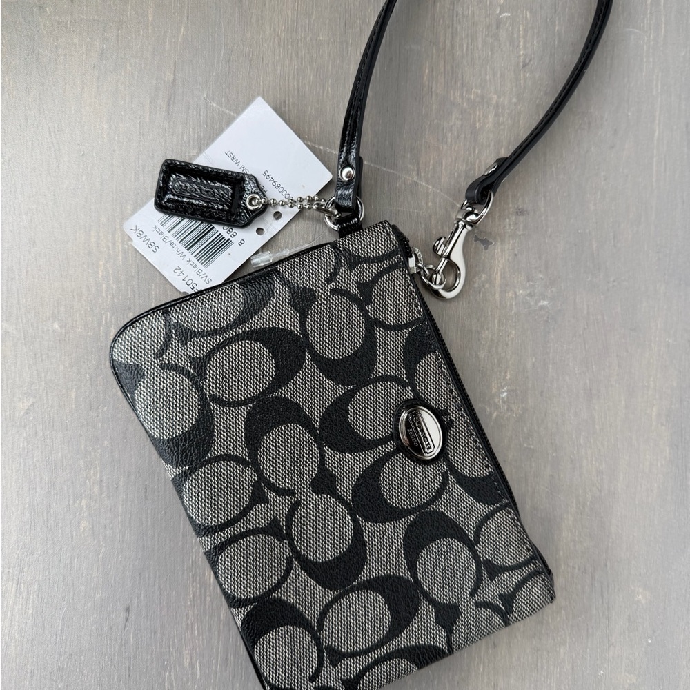 Coach Black/Gray Signature Logo Wristlet with Wrist Strap Card Holder NWT